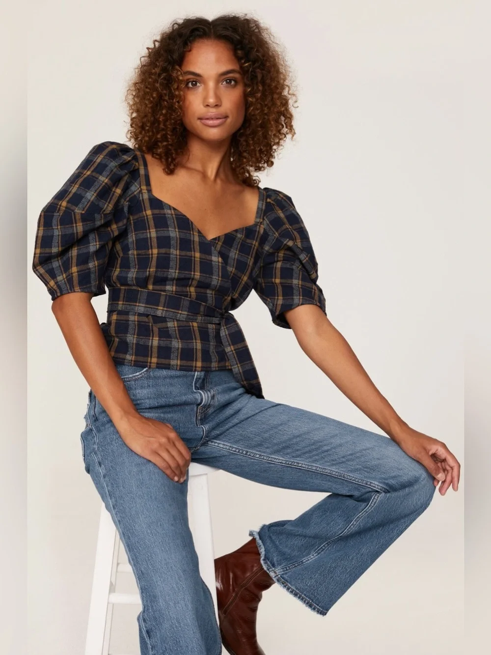 Madewell Sweetheart Wrap Ash Top Plaid Puff-Sleeve Wrap Top Navy & Brown Size S